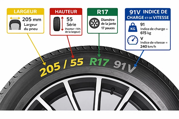 dimensions pneu 205 55 R17 91V largeur hauteur diamètre jante indice charge vitesse