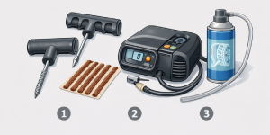 Kit di riparazione pneumatici fai da te con stringhe, compressore e sigillante