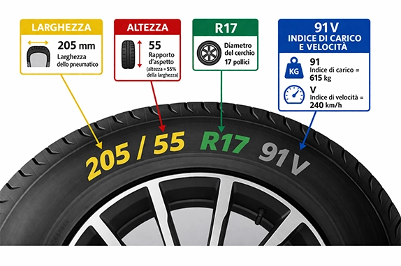 misure pneumatico 205 55 R17 91V: larghezza, altezza, diametro cerchio e indice carico velocità