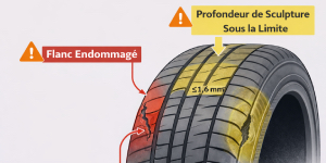 Pneu non réparable avec flanc endommagé et profondeur de sculpture inférieure à la limite légale