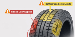 Pneumatico non riparabile con fianco danneggiato e battistrada sotto il limite di legge