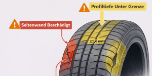 Nicht reparierbarer Reifen mit beschädigter Seitenwand und Profiltiefe unterhalb der gesetzlichen Mindestgrenze
